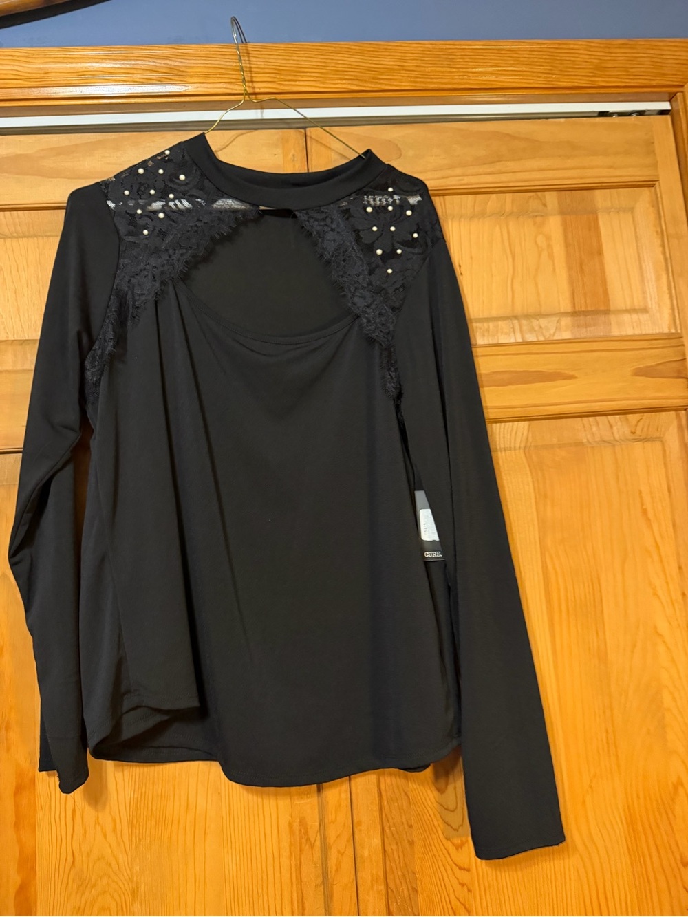 Black Lace-Trim Long Sleeve Top with Stud Accents